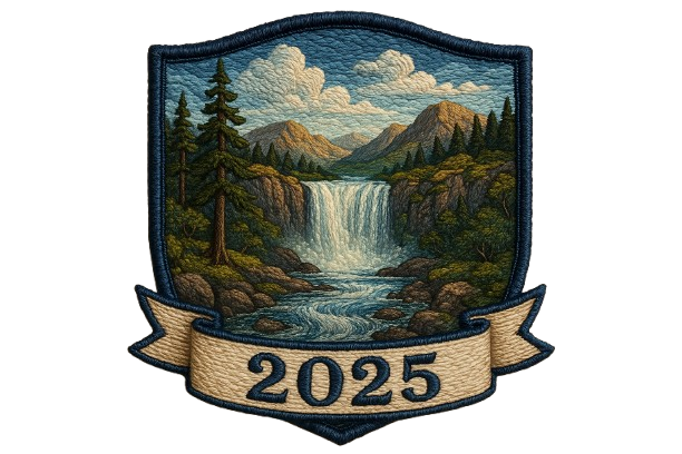 emblem of a waterfall with 2025 written on it