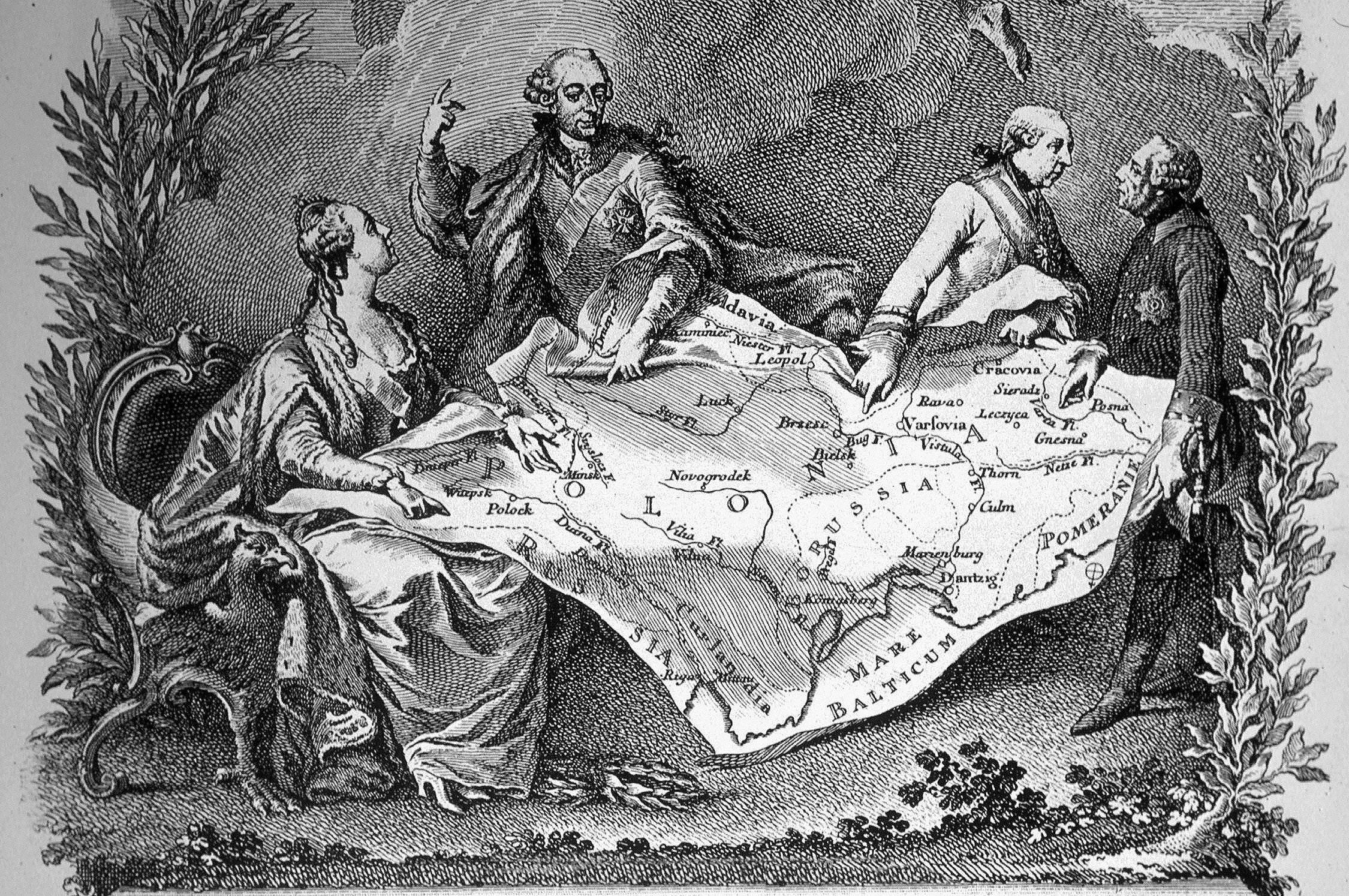 Allegory of the 1st partition of Poland. Engraving of European powers dividing Poland, symbolizing loss of national sovereignty.