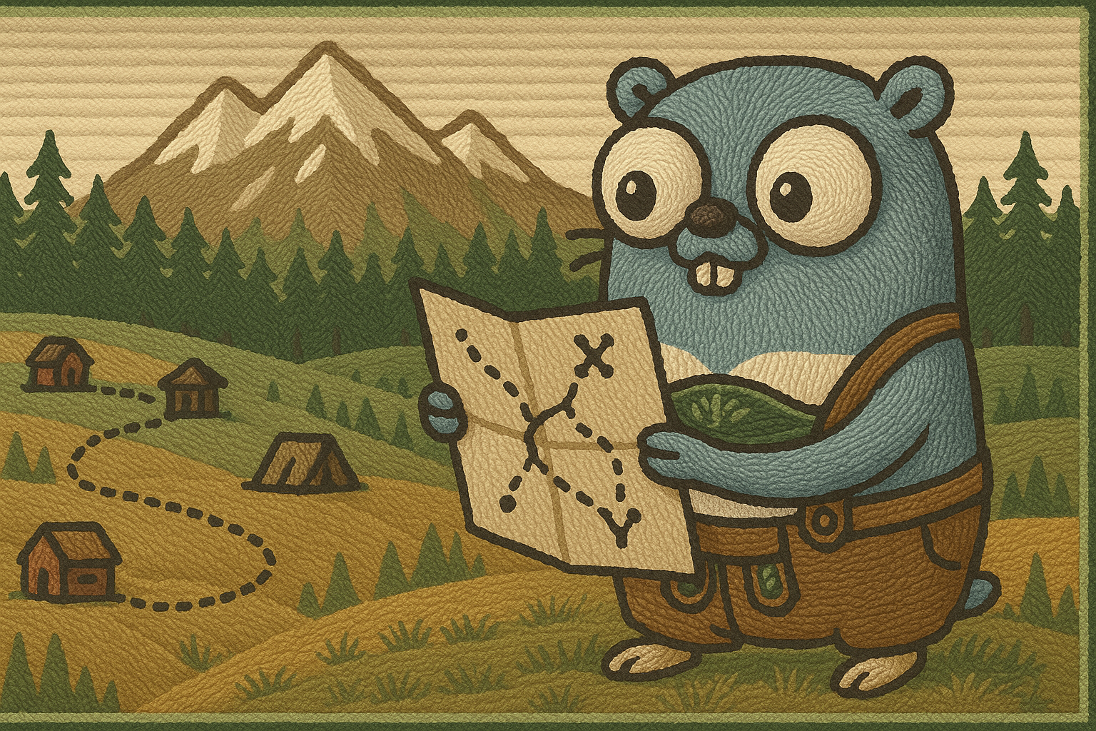 Gopher in lederhosen, holding a map, the mascot of Jaeger