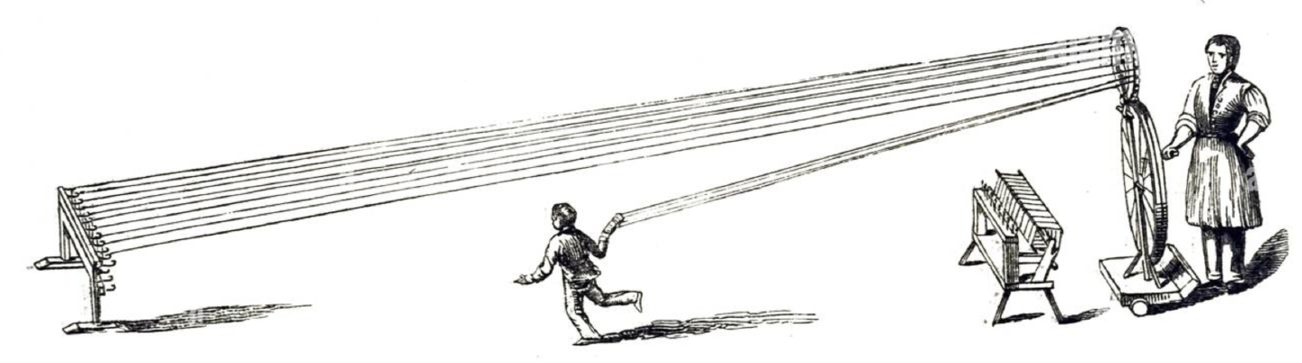 An illustration showing the silk throwing by hand. It shows the silk being stretched between two points multiple times, and is used here to represent metaphorically the trace between two points. (THE PENNY MAGAZINE, VOL XII No. 711. 1843)