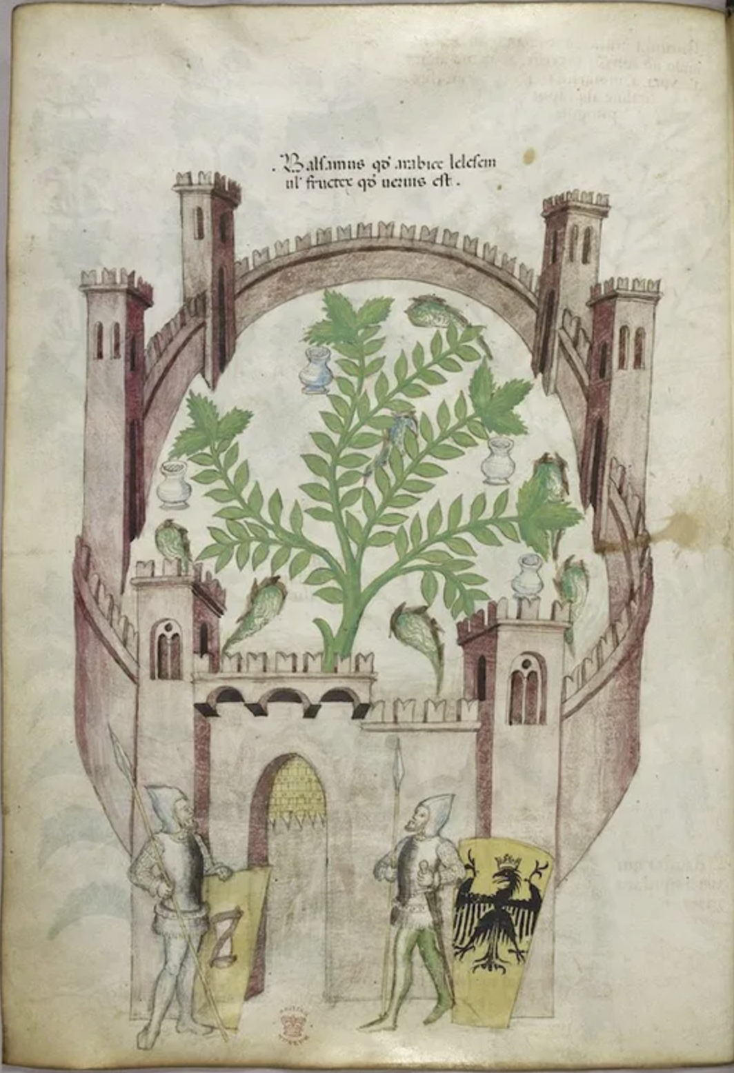 Medieval (14th century) illustration known as the 'The Balsam Garden of Cairo', showing a walled garden protected by soldiers
