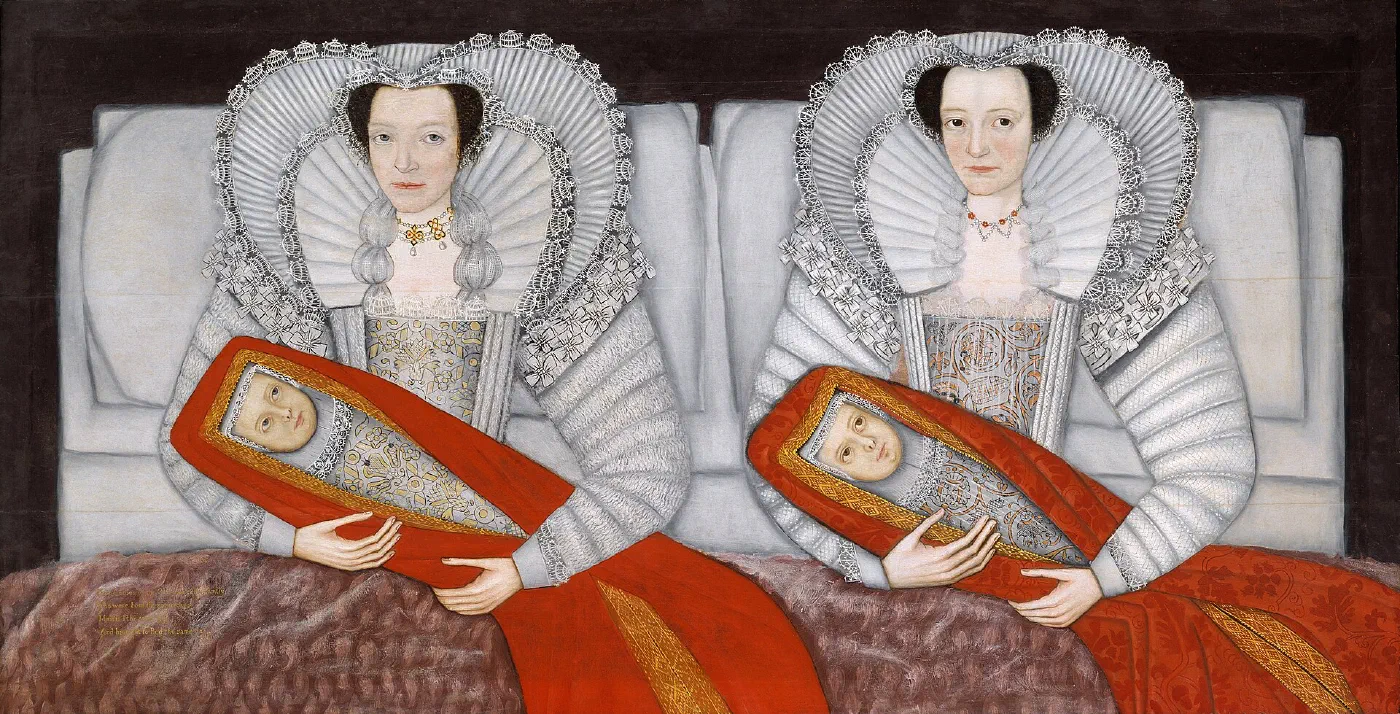 The Cholmondeley Ladies by an unknown British artist (about 1600 to 1610), two nearly identical women sitting side by side in bed, each holding a swaddled baby in red.