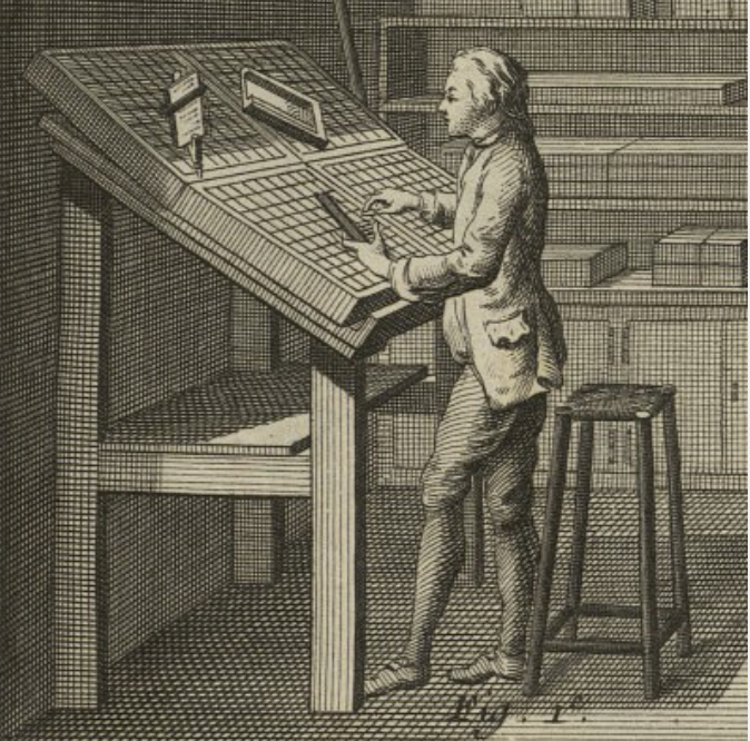 A printer's composing case: a wooden tray divided into compartments of different sizes, each holding a sort of movable type. The compositor packs the pieces so no space is wasted.