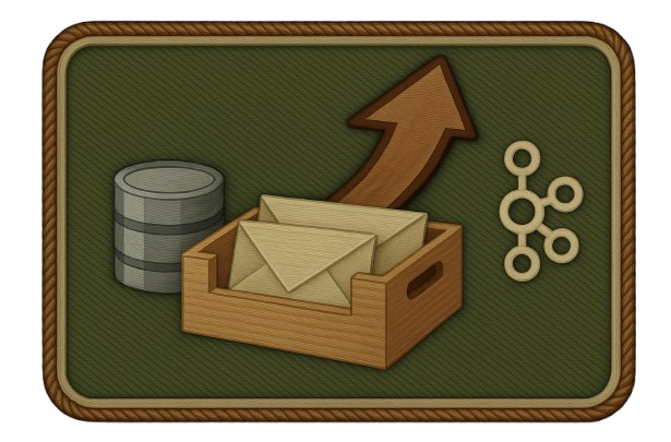 Embroidered patch of an office outbox with letters and an upward arrow